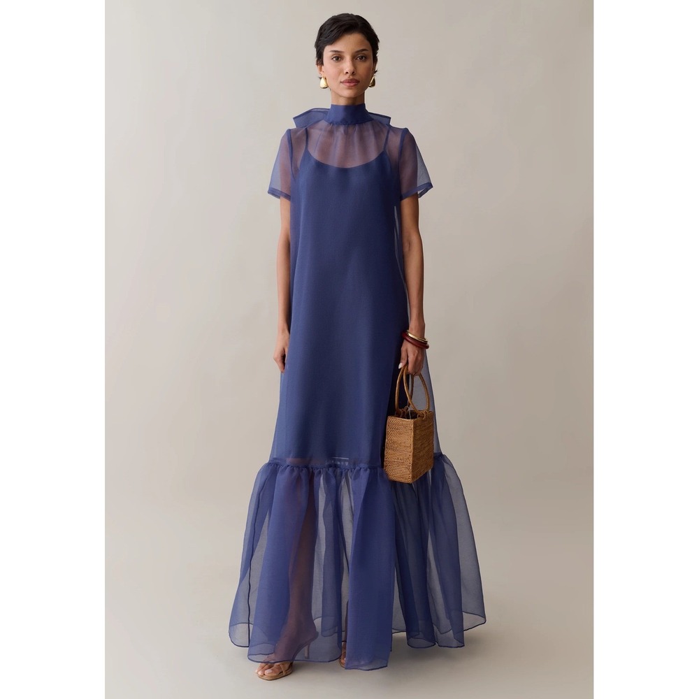 CAARA Melody Navy Blue Sheer Overlay Maxi Dress with Back Bow Detail Size M NWT